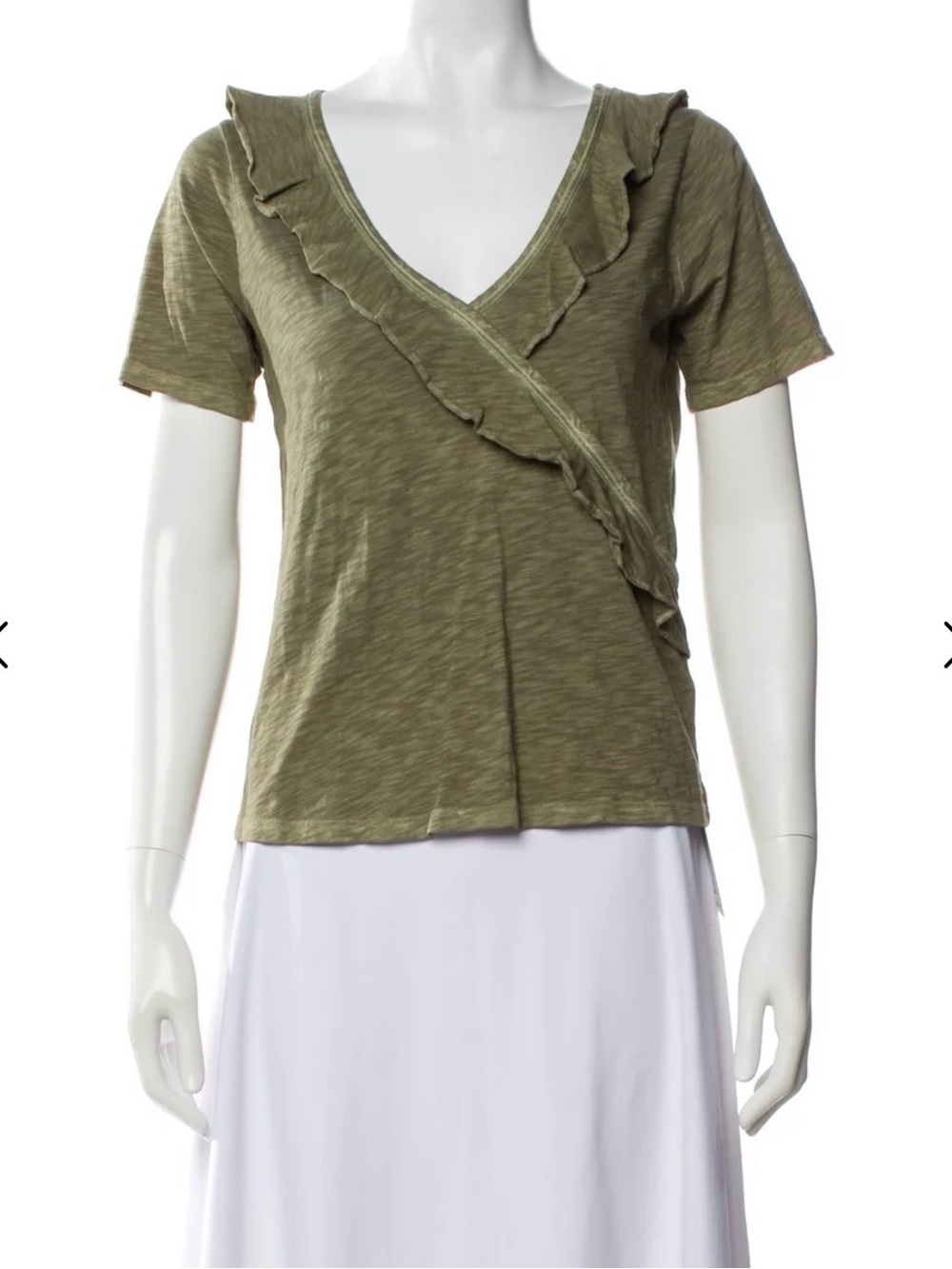 Veronica Beard Olive Ruffle-Trim Short Sleeve Top. NWT